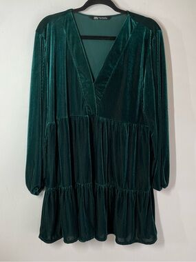 Zara Emerald Velvet Mini Dress XL Green Holiday Party Romantic Boho Party Chic